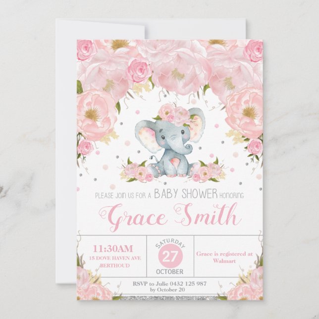Convite Elefante Rubor Floral Chá de Bebê Brilho Prata (Frente)