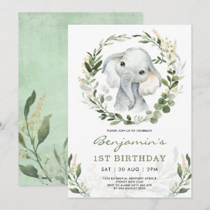 Convite Elefante Verde Moderno  primeiro aniversario verde