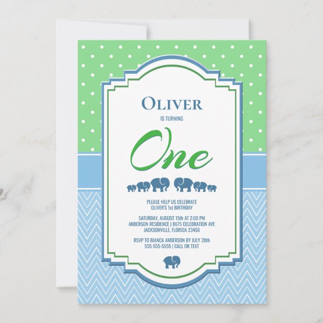 Convite Elefantes Azuis do primeiro aniversario (Frente)