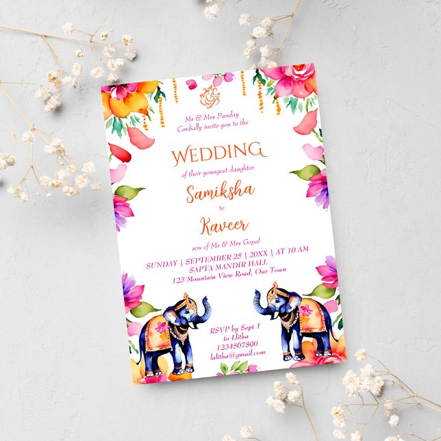 Convite Elefantes do casamento indiano cercam flores model (Indian wedding ornate elephants template invitation digital download cerise modern watercolor pretty)