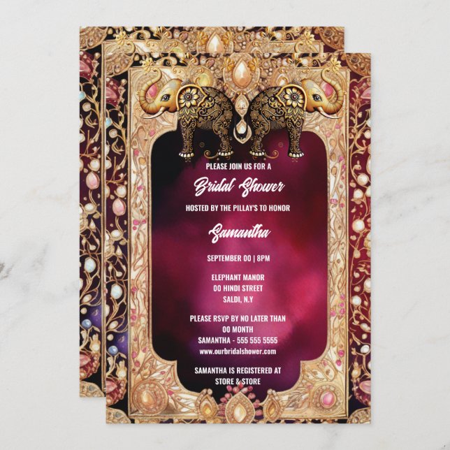 Convite Elefantes florais índios hindu gems reais bridal (Frente/Verso)