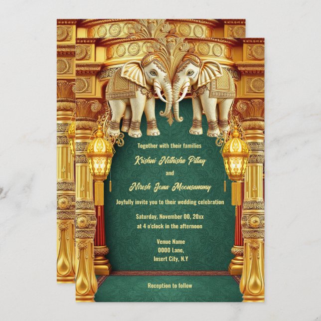Convite Elefantes indianos com lanternas verdes de ouro lu (Frente/Verso)