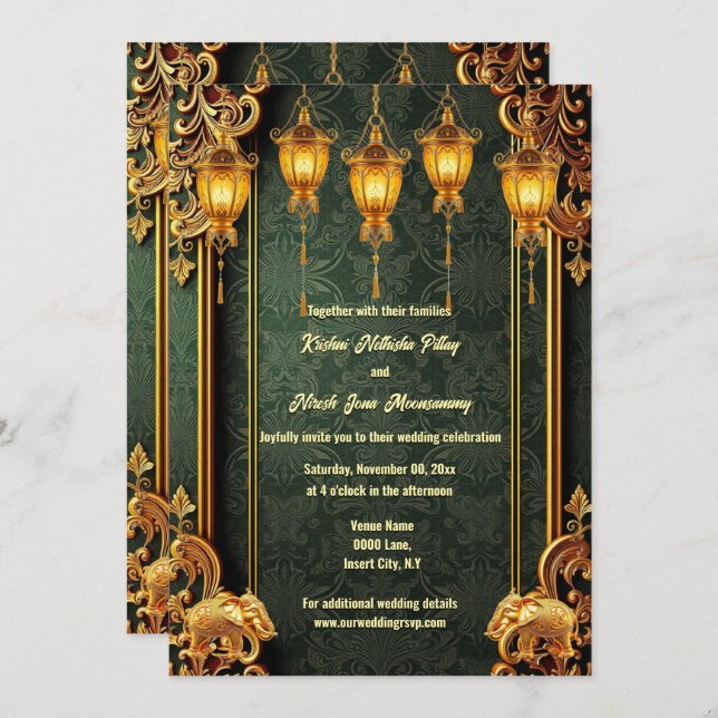 Convite Elefantes indianos de ouro verde lanternas florais (Frente/Verso)