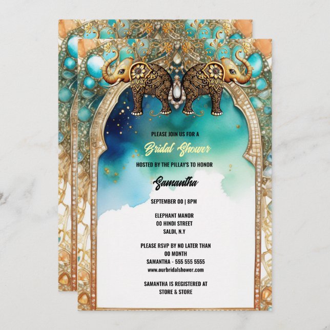 Convite Elefantes indianos: gemas tradicionais azuis de co (Frente/Verso)