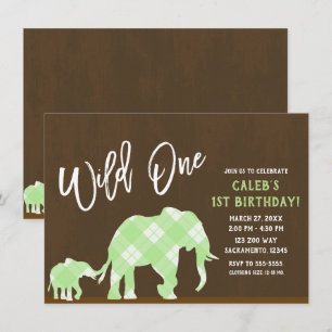 Convite Elefantes Verdes Marrom Moderno WILD ONE Aniversár
