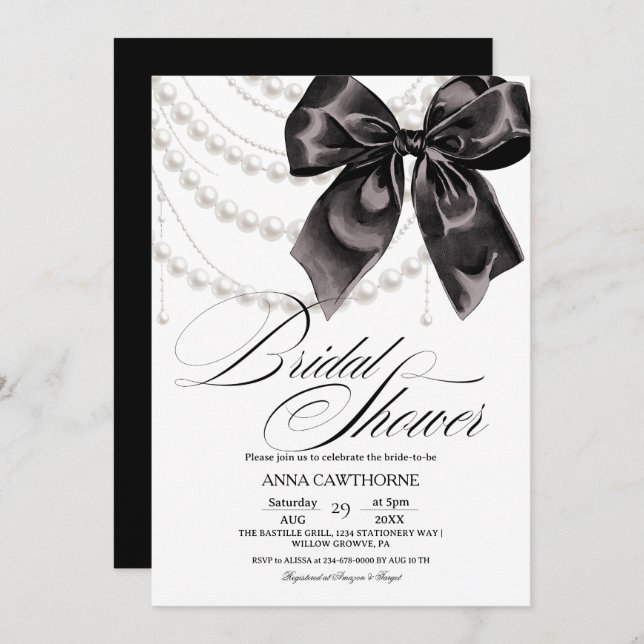 Convite  Elegance Black Bow Pearls Bridal Shower Acrylic (Frente/Verso)
