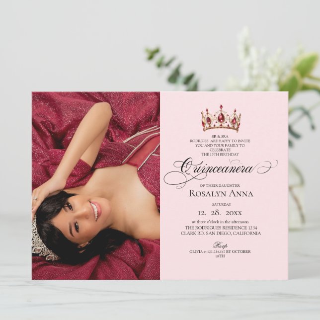 Convite Elegance Blush Pink Princess Quinceañera Photo (Em pé/Frente)