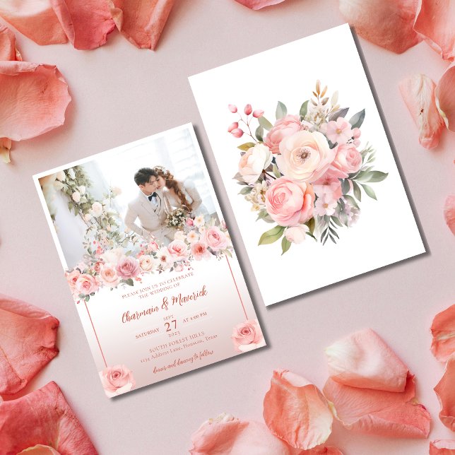 Convite Elegance Dusty Pink Floral Com Casamento Fotográfi (Criador carregado)