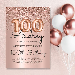 Convite Elegance Rosa Dourado Glitter Balloon 100º Anivers