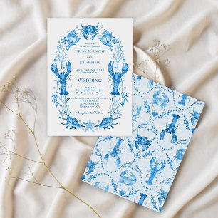 Convite Elegância à Beira-Mar Azul Aquarela Casamento Cost