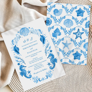 Convite Elegância à Beira-Mar Azul Casamento Aquarela Cost