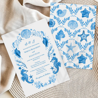 Convite Elegância à Beira-Mar Azul Casamento Aquarela Cost