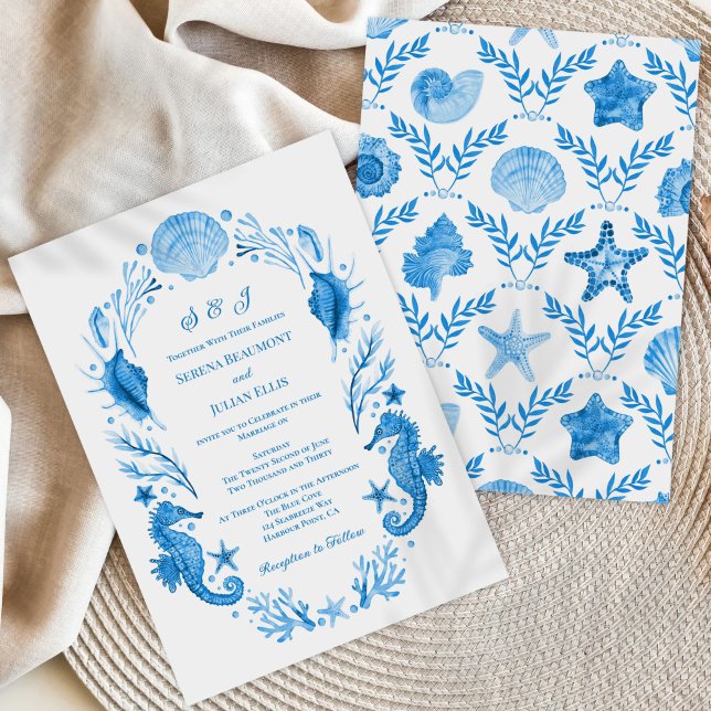 Convite Elegância à Beira-Mar Azul Casamento Aquarela Cost (Seaside Elegance Blue Coastal Watercolor Wedding Invitation)