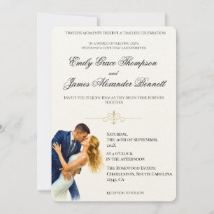 Convite Elegância Atemporal Casal Romance Dourado Casament