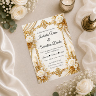 Convite Elegância Atemporal Dourada de Marfim Casamento