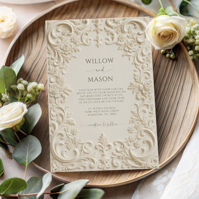 Convite Elegância Barroca Casamento Script Marfim (Baroque Elegance Ivory Script Wedding Invitation)