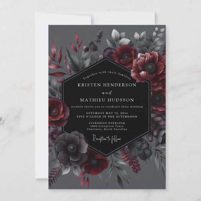 Convite Elegância Botânica Carmesim para Casamento (Frente)