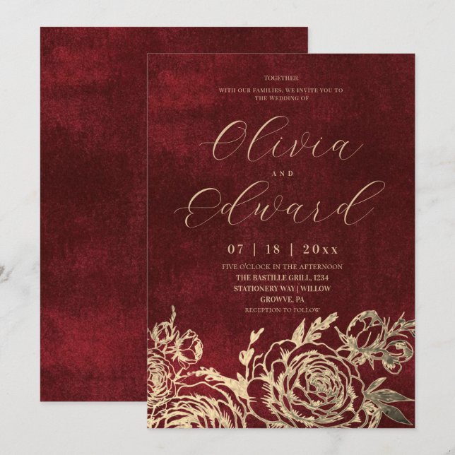 Convite Elegância Casamento Burgundy Romântico  (Frente/Verso)