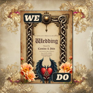 Convite elegância celta com coração e asas.