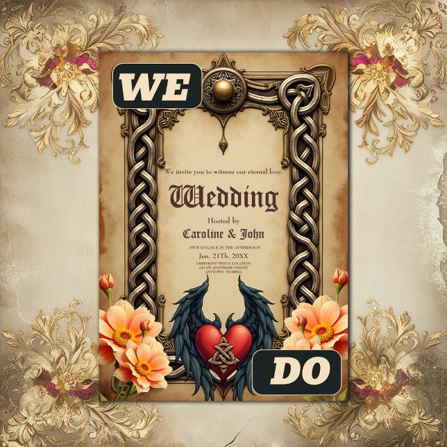 Convite elegância celta com coração e asas. (Criador carregado)