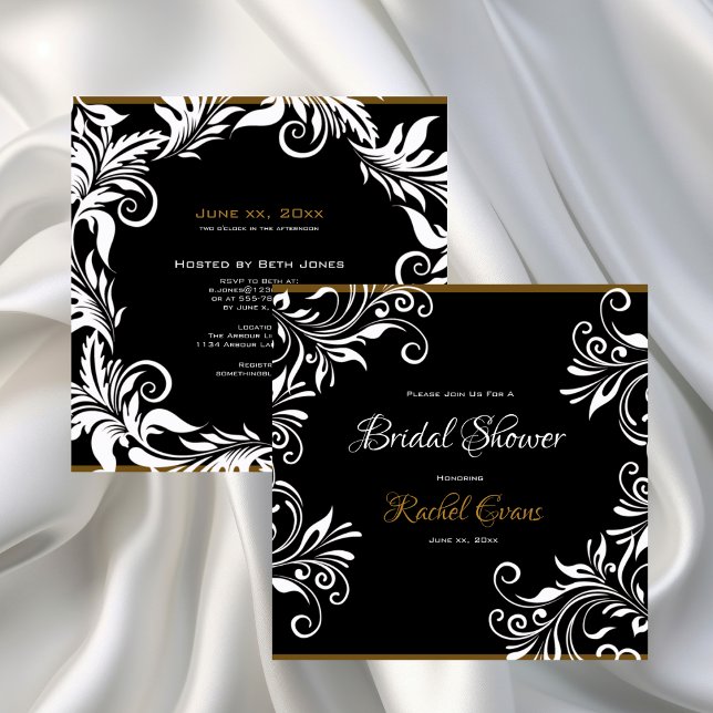 Convite Elegância - chá de panela 5,25" x 5,25" (Gold and Black Elegant Bridal Shower Invitation)