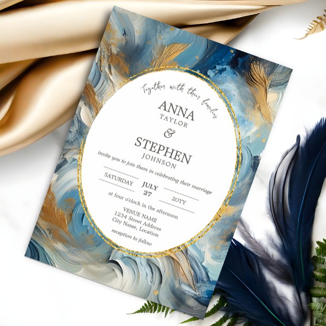 Convite Elegância Contemporânea: Casamento Dourado Branco  (Contemporary elegance in colors of blue, white, and gold wedding invitation design front view.)