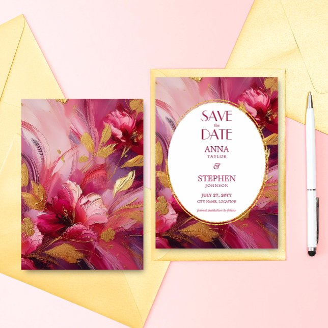Convite Elegância Contemporânea: Data de Guarda Rosa Fúcsi (Contemporary Elegance: Fuchsia Pink and Gold Save the Date)