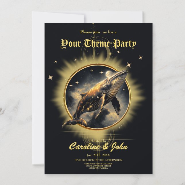 Convite elegância cósmica, o ouro, baleia negra (Frente)