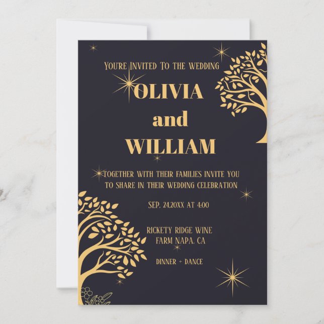 Convite "Elegância da meia-noite: Casamento Azul Escuro (Frente)