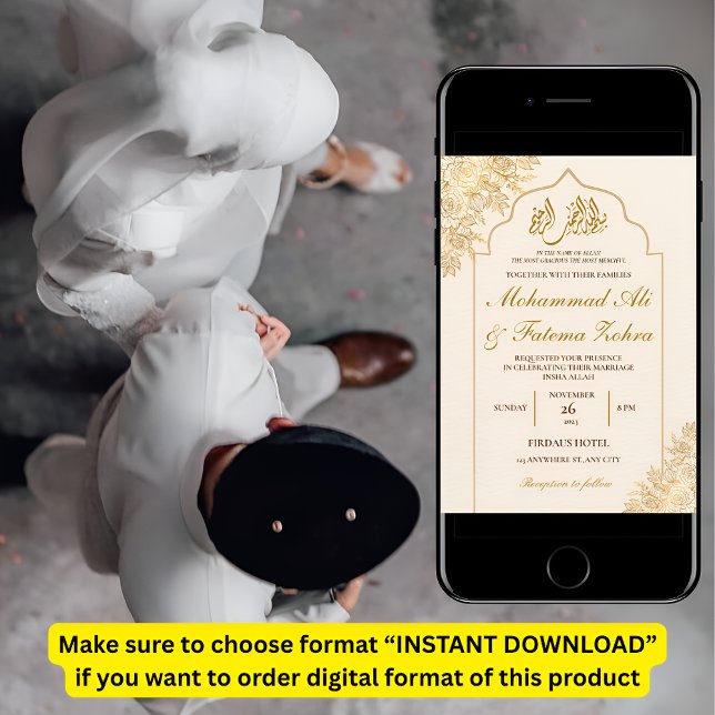 Convite Elegância da Mesquita Floral Dourada Casamento Muç (Criador carregado)
