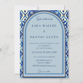 Convite Elegância de Azulejo Azul Personalizado para Casam