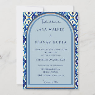 Convite Elegância de Azulejo Azul Personalizado para Casam
