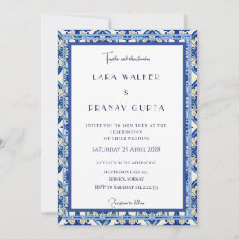 Convite Elegância de Casamento em Azulejo Azul Chic