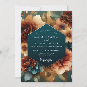 Convite Elegância de Outono Floral Turquesa Casamento