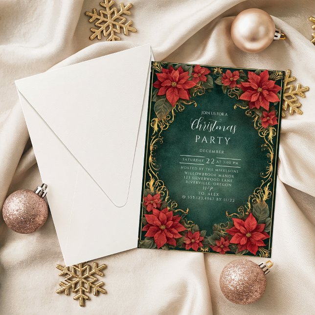 Convite Elegância de Poinsettia Dourada de Natal (Criador carregado)