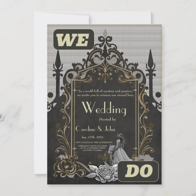 Convite Elegância em prata e preto. (Frente)