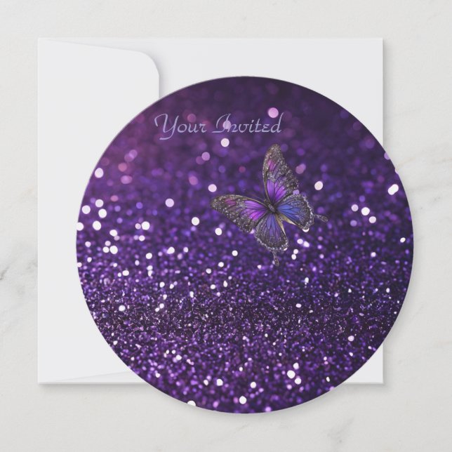 Convite Elegância Encantadora: A Borboleta Roxa Sparkle (Frente)