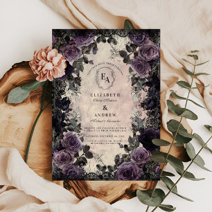 Convite Elegância Escura com Rosas e rendas Roxos