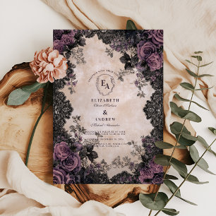 Convite Elegância Escura com Rosas e rendas Roxos
