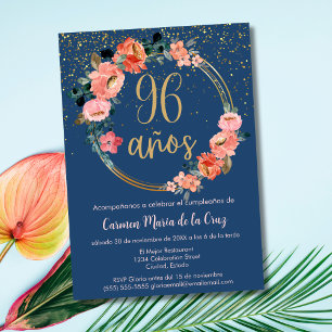 Convite Elegância Espanhola Chic Azul Rosa 96º Aniversário