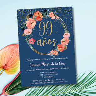 Convite Elegância Espanhola Chic Azul Rosa 99º Aniversário
