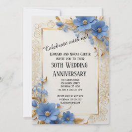 Convite Elegância Floral Azul e Dourada 50º Aniversário