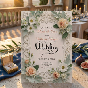 Convite Elegância Floral com Relevo Falso para Casamento d