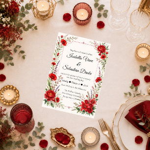 Convite Elegância Floral Escarlate Romântica Casamento