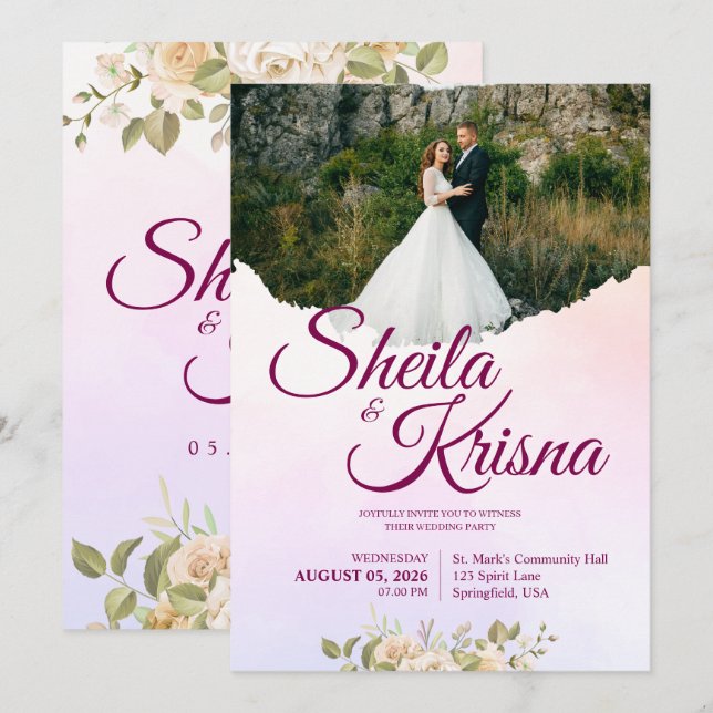 Convite Elegância Floral Roxa e Rosa Casamento com Foto (Frente/Verso)