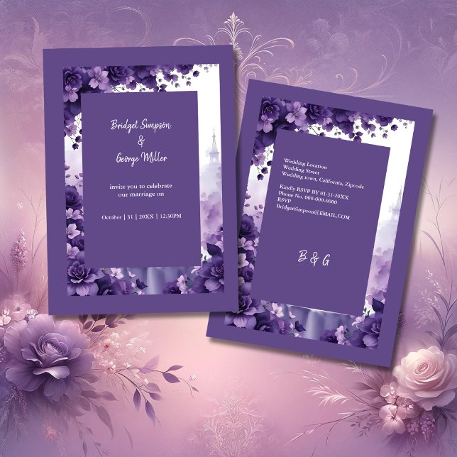 Convite Elegância Francesa: Torre Eiffel e Casamento Roxo (Criador carregado)