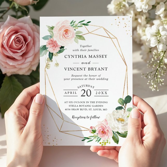 Convite Elegância Geométrica Rosa Floral Casamento (Criador carregado)