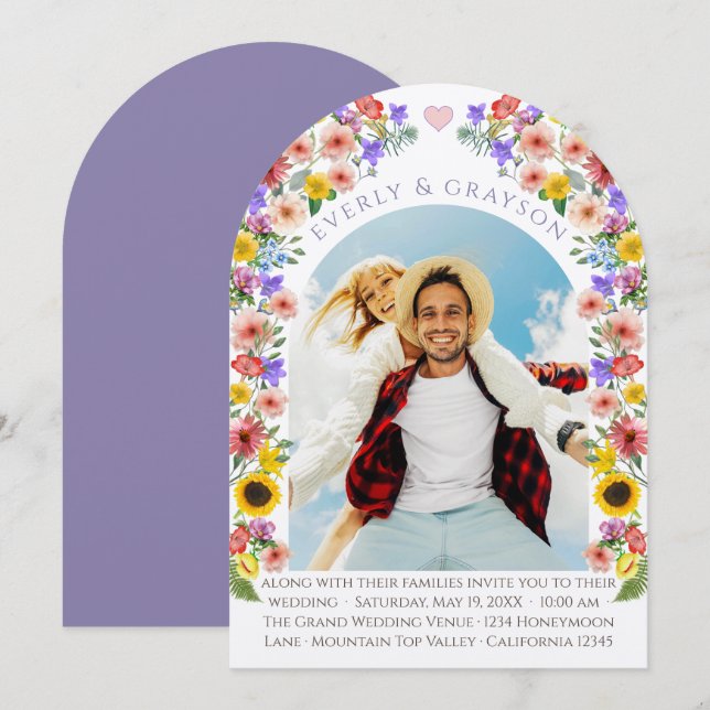 Convite Elegância Lavanda e Amarela Arco de Foto Flor Silv (Frente/Verso)
