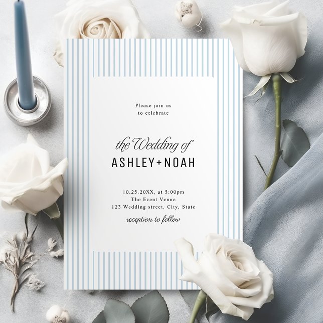 Convite Elegância Listrada Azul Empoeirada Casamento Cláss (Dusty Blue Striped Elegance Classy Wedding Invitation)