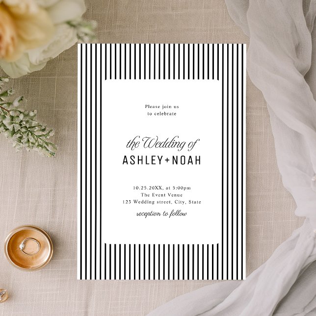 Convite Elegância Listrada Preto e Branco Casamento Clássi (Black And White Striped Elegance Classy Wedding Invitation)